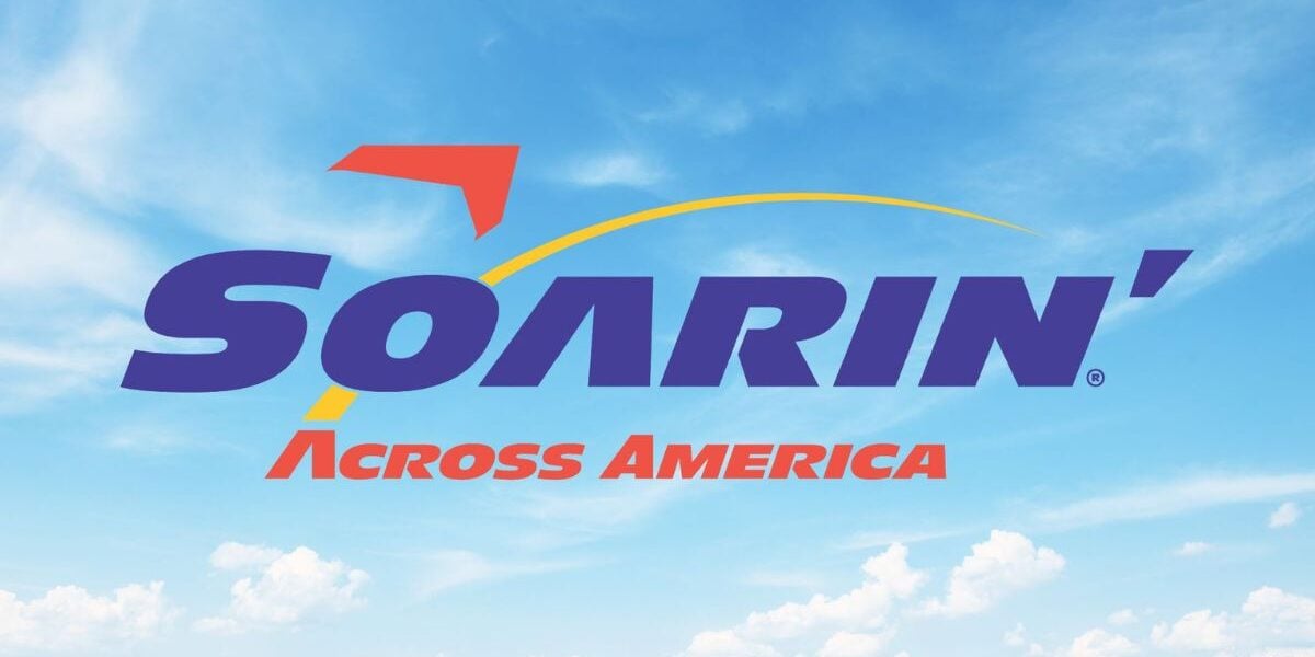 Soarin' Across America logo set against blue sky and clouds, as Disney fans debate the ride's 250th Anniversary update.
