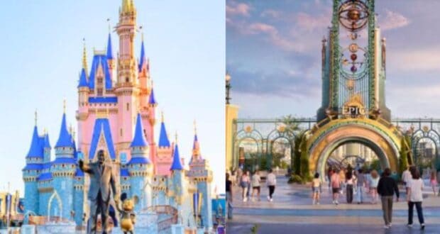 a split image. on the left, cinderella castle at walt disney world and on the right, the entrance to epic universe's super nintendo world