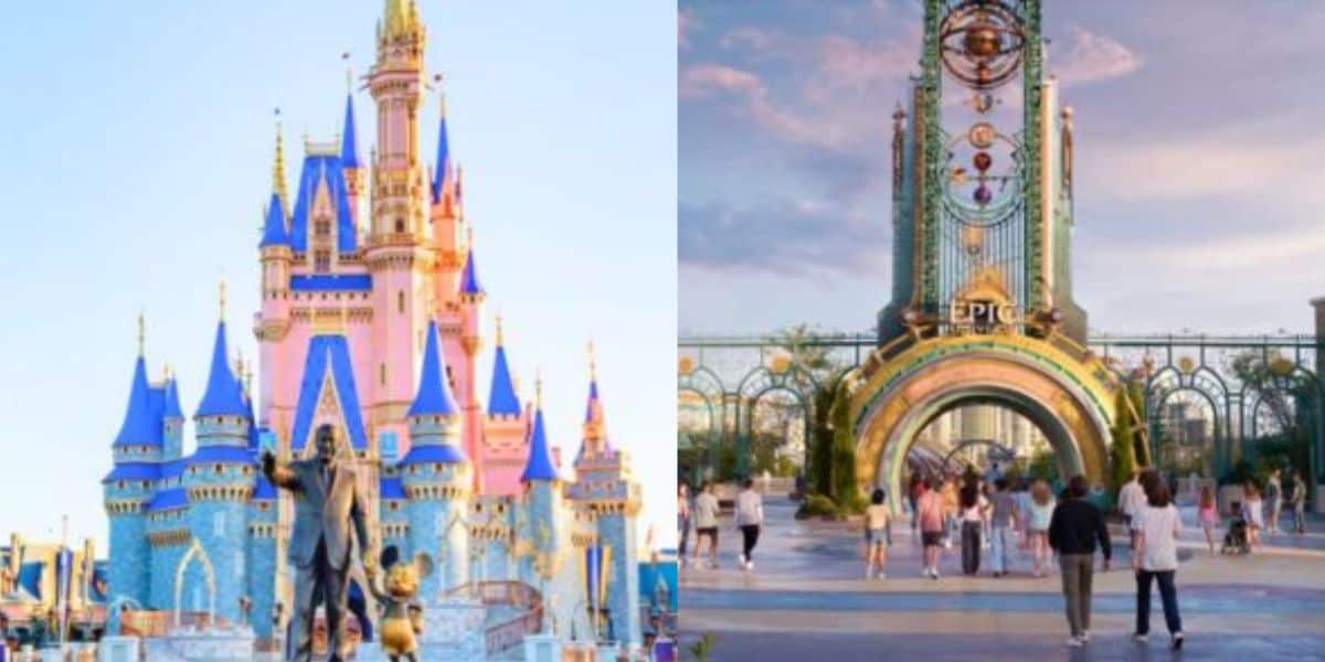 a split image. on the left, cinderella castle at walt disney world and on the right, the entrance to epic universe's super nintendo world