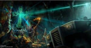 An adventurer with a torch encounters the glowing temple idol in an Indiana Jones ride scene as a jeep races toward them.