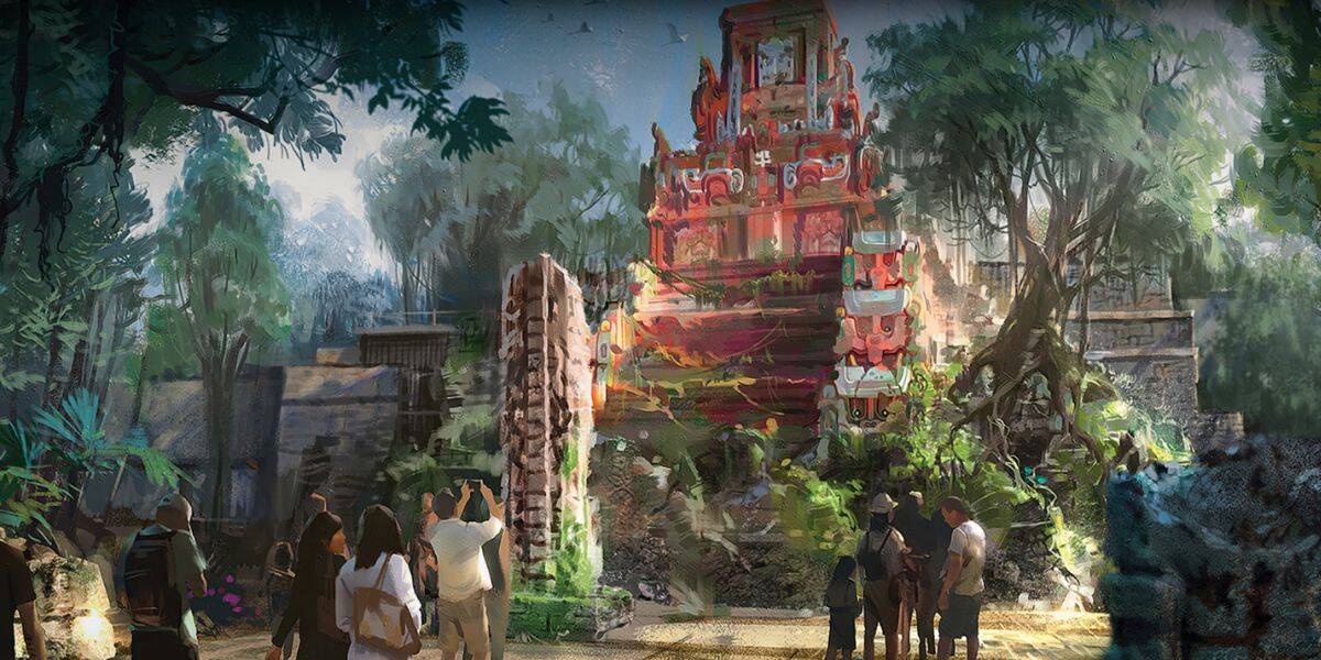 Visitors snap photos of a vivid red temple ruin set in a jungle, part of an ancient adventure zone amid lush trees and stone relics.