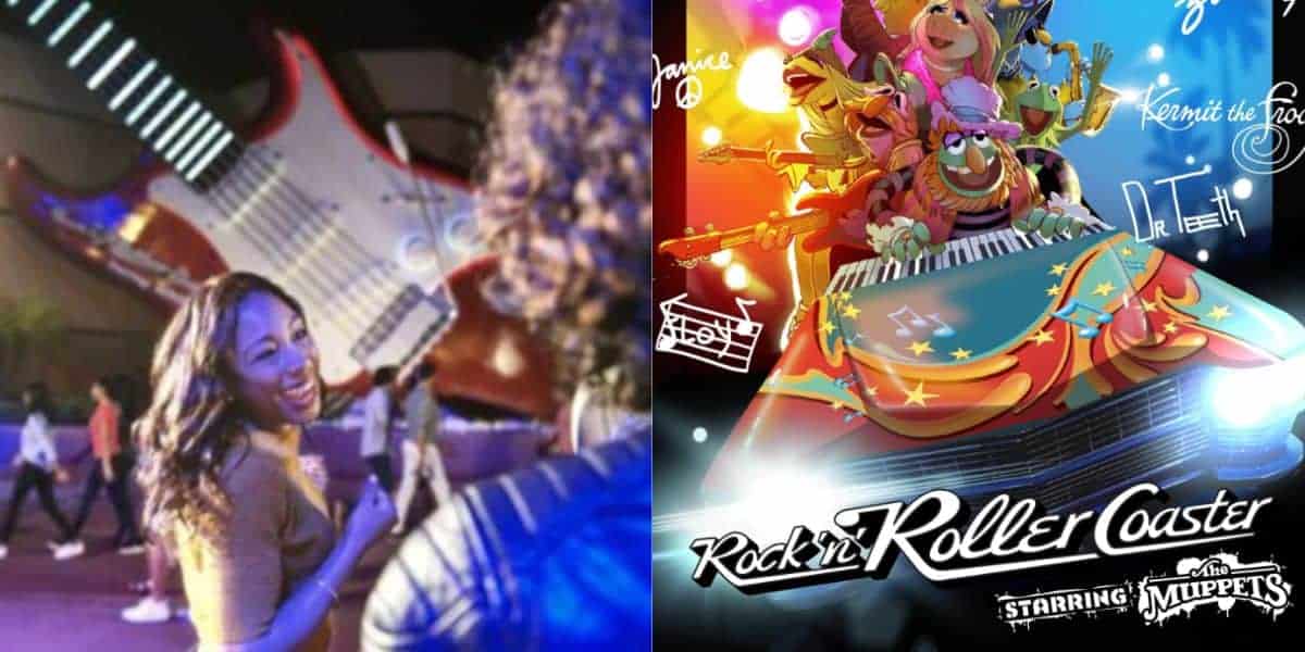 Left: Guests strike a pose by the massive Rock 'n' Roller Coaster guitar; right: Muppets soar on the coaster beneath its iconic sign.