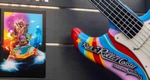 The Muppets cruise by a giant guitar with Statler and Waldorf in a lively mural at Rock 'n' Roller Coaster, Hollywood Studios.