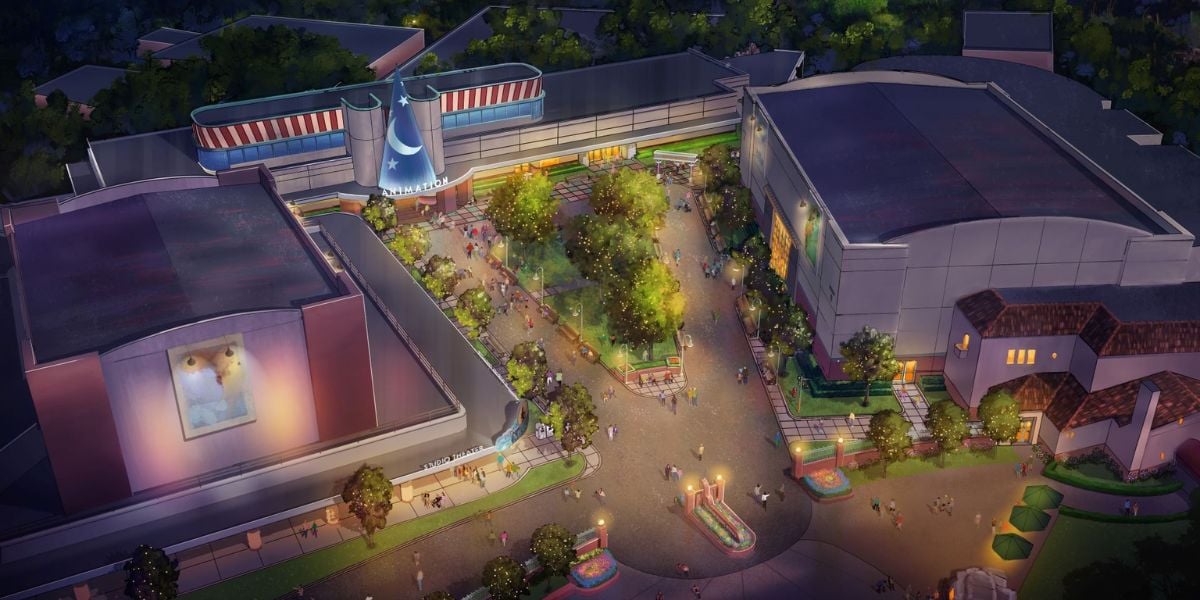Concept art for the Walt Disney Studios Lot courtyard at Disney's Hollywood Studios