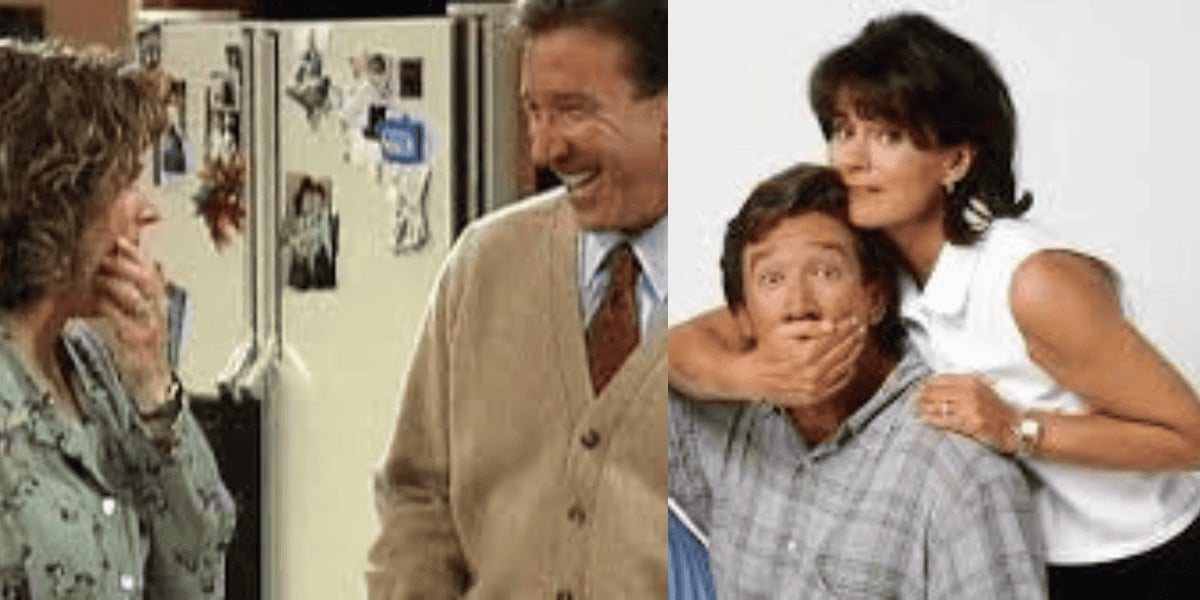 Fans cheer as two women playfully cover Tim Allen's mouth, echoing classic sitcom antics—perfect for Home Improvement lovers!.