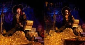 A pirate sits atop treasure—left side vibrant and alive, right side skeletal—evoking classic Disney animatronic magic.