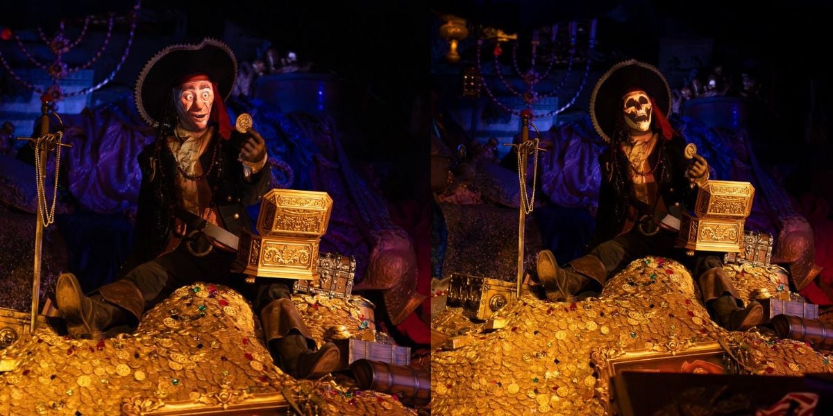 A pirate sits atop treasure—left side vibrant and alive, right side skeletal—evoking classic Disney animatronic magic.