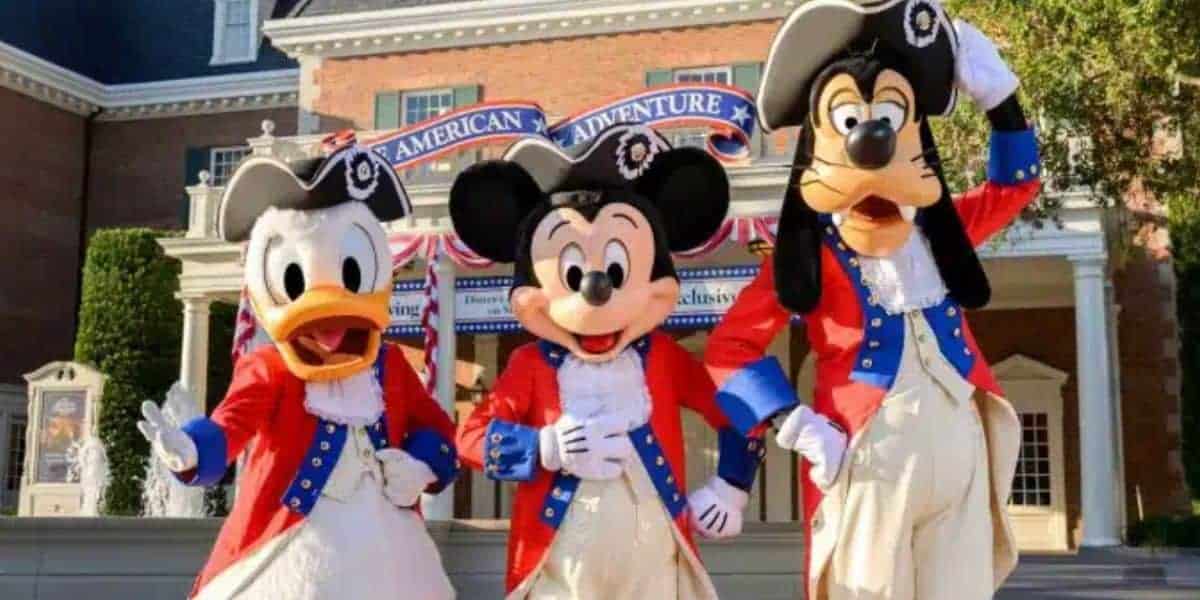 Mickey, Donald, and Goofy don colonial outfits at The American Adventure for Disney's 250th birthday and July 4th park celebrations.