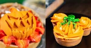 Pumpkin-themed treats topped with vibrant orange frosting and classic jack-o’-lantern faces, inspired by the latest Magic Kingdom menu updates at Disney World.