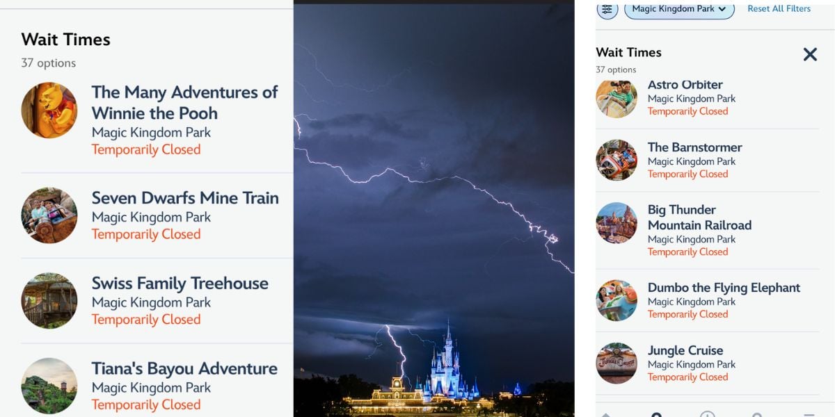 Magic Kingdom wait times screen shows all rides down as a nighttime lightning storm flashes behind Cinderella Castle.