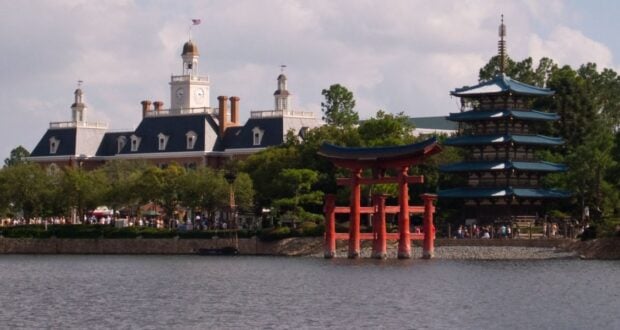 The Japan and American Adventure Pavilions at EPCOT as seen across the World Showcase Lagoon