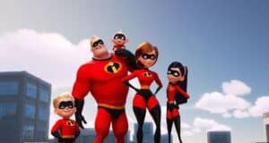 The Incredibles family strikes a heroic pose in their iconic red suits against a vibrant city backdrop with a bright blue sky and fluffy clouds, ready to wow guests at Pixar Pier.