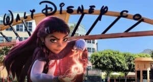 An enchanted animated character, glowing with magical energy, greets fans outside the iconic Walt Disney Studios entrance, with lush trees framing the scene—setting the stage for spellbinding reveals and unforgettable moments at D23 2026.