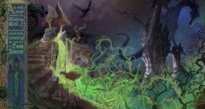 Enchanted Forest Adventure features a cursed well bubbling with vibrant green magic, while an imposing fairytale castle looms nearby and animatronic dragons soar overhead for an immersive experience.