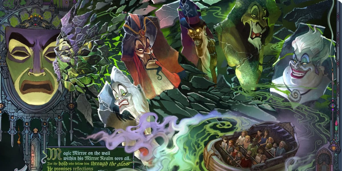 Guests glide by on a boat as six classic Disney villains gaze from a shattered mirror, creating a thrilling, atmospheric scene in this immersive dark ride experience.