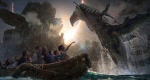 Guests aboard a thrilling raft ride gasp and scream as an enormous dragon animatronic emerges from the water, drenching everyone in a spectacular splash at the heart of an adventure-themed attraction.