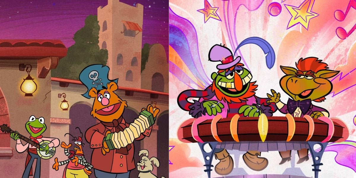 Left: The Muppets deliver a lively outdoor performance, dressed in playful Disney Park-inspired costumes. Right: Two vibrant cartoon monsters take center stage on a circular platform, capturing the excitement and nostalgia of classic theme park attractions with their high-energy show.