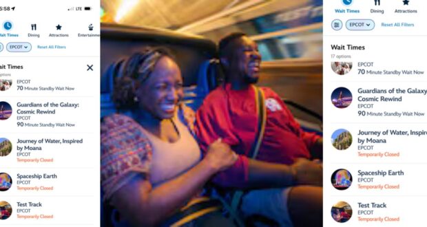 Guests enjoying a thrilling Disney ride, beaming with excitement, while the digital wait time board displays current attraction wait times and highlights a few temporarily closed rides.