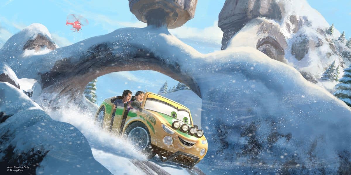A whimsical ride vehicle full of laughing guests races down a snow-covered track, zooming beneath a sparkling ice tunnel in a thrilling winter-themed attraction.