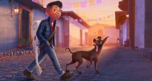 A young guest carrying a guitar case strolls alongside an excited pup down a vibrant, parade-filled avenue, bathed in the golden glow of sunset at the theme park.
