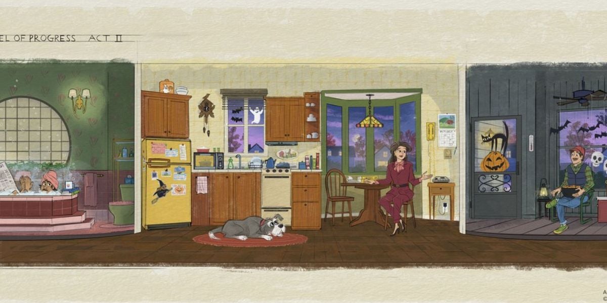 A lively home is transformed for a Halloween celebration, featuring a decorated kitchen, living room, and bathroom where families and pets enjoy festive activities reminiscent of a themed entertainment experience.