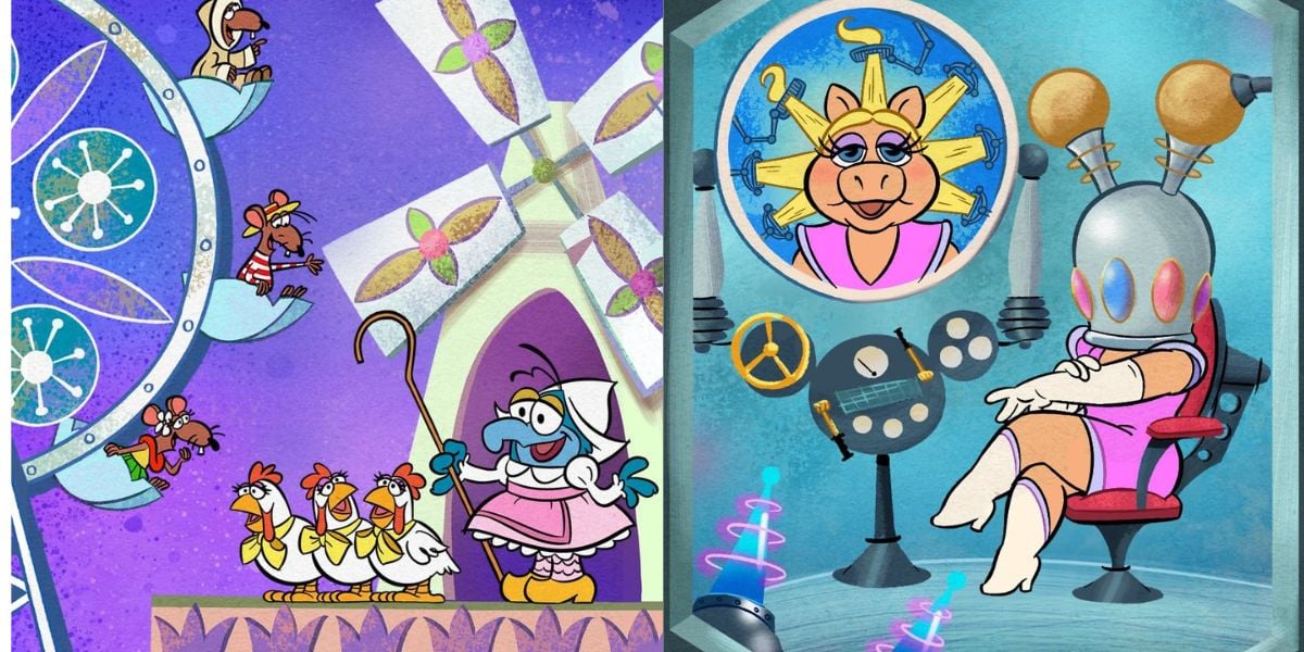 The Muppets ride high on a vibrant Ferris wheel inspired by Disney World’s classic attractions, while in another scene, a character experiences a whimsical Muppet-themed transformation in the midst of a sci-fi control room setting.