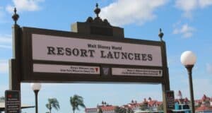 A “Walt Disney World Resort Boat Launches” sign outside Magic Kingdom