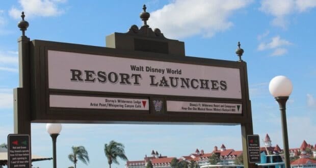 A “Walt Disney World Resort Boat Launches” sign outside Magic Kingdom