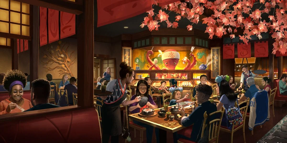 Disney fans gather around tables in a buzzworthy, cherry blossom-adorned restaurant, surrounded by a striking octopus mural, eagerly swapping the hottest D23 news and updates for all four Walt Disney World Resort parks, their animated conversations reflecting the electric energy of this immersive dining spot.
