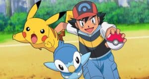 Ash Ketchum with Pikachu and Piplup, holding up a Poké Ball