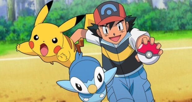 Ash Ketchum with Pikachu and Piplup, holding up a Poké Ball