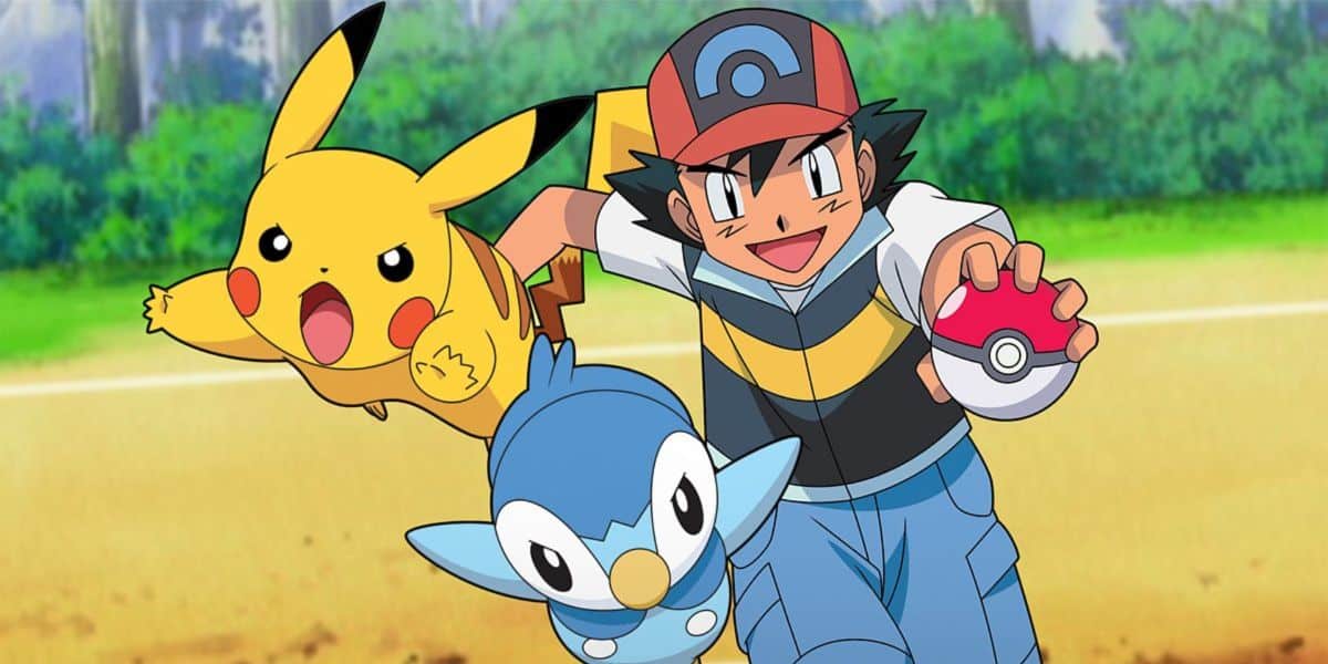 Ash Ketchum with Pikachu and Piplup, holding up a Poké Ball