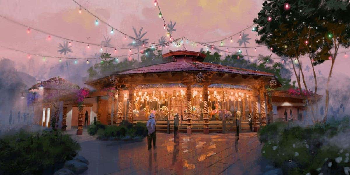 Guests stroll past a dazzling carousel illuminated at dusk, surrounded by twinkling string lights and lush palm trees—capturing the vibrant, celebratory atmosphere inspired by Tropical Americas’ newest attractions in Disney’s Animal Kingdom.