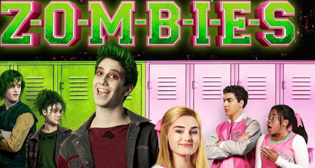 Disney Channel’s “Zombies” cast brings the magic to life as five teens pose before vibrant green and pink lockers beneath a glowing neon “Zombies” sign; cheer uniforms and bright colors channel the fun, high-energy atmosphere fans love from the show featuring Carla Jeffery.