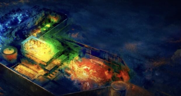 A dazzling, neon-lit attraction floats playfully in a shadowy, immersive theme park setting, creating an enchanting and otherworldly atmosphere.