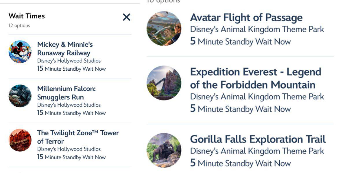 Disney World app screen displays impressively short wait times—15 minutes for popular attractions and just 5 minutes for others—signaling rare, crowd-free conditions in the park ahead of Labor Day, with some of the lowest standby times seen at Disney World.