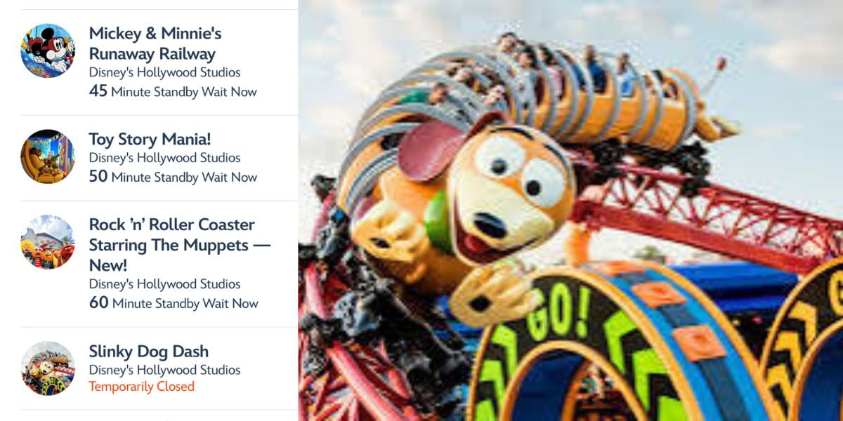 Slinky Dog Dash at Hollywood Studios stands still, capturing the recent streak of ride closures and extended downtime that frustrated fans. On the left side, digital displays show current wait times for nearby Disney attractions, emphasizing the busy park atmosphere.