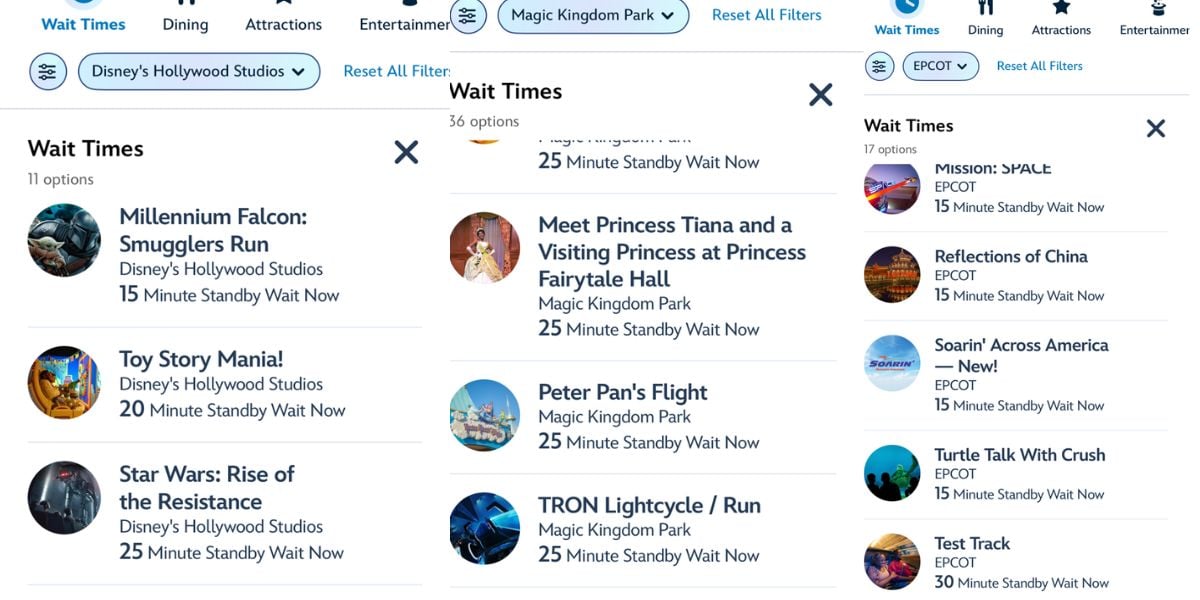 Disney World app screenshot displaying impressively short wait times at Hollywood Studios, Magic Kingdom, and EPCOT—highlighting an ideal opportunity for guests eager to enjoy top attractions with minimal crowds during Labor Day.