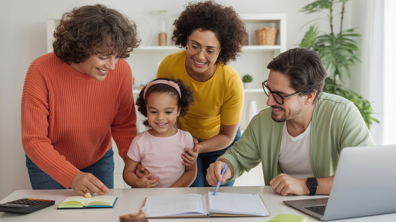 Família reunida planejando o orçamento doméstico com planilhas e calculadora