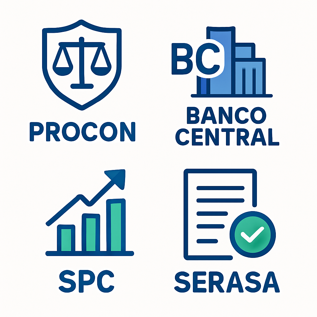 Ícones representando os principais órgãos de proteção ao consumidor: Banco Central, Procon, Serasa e SPC