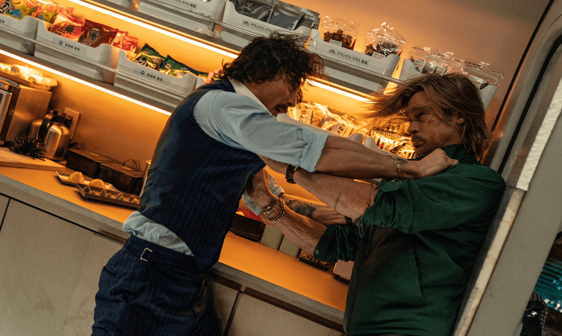 Fierce confrontation between two men in a convenience store, capturing intense moment of conflict with dramatic lighting and tense atmosphere, as part of professional post-production for film or TV.