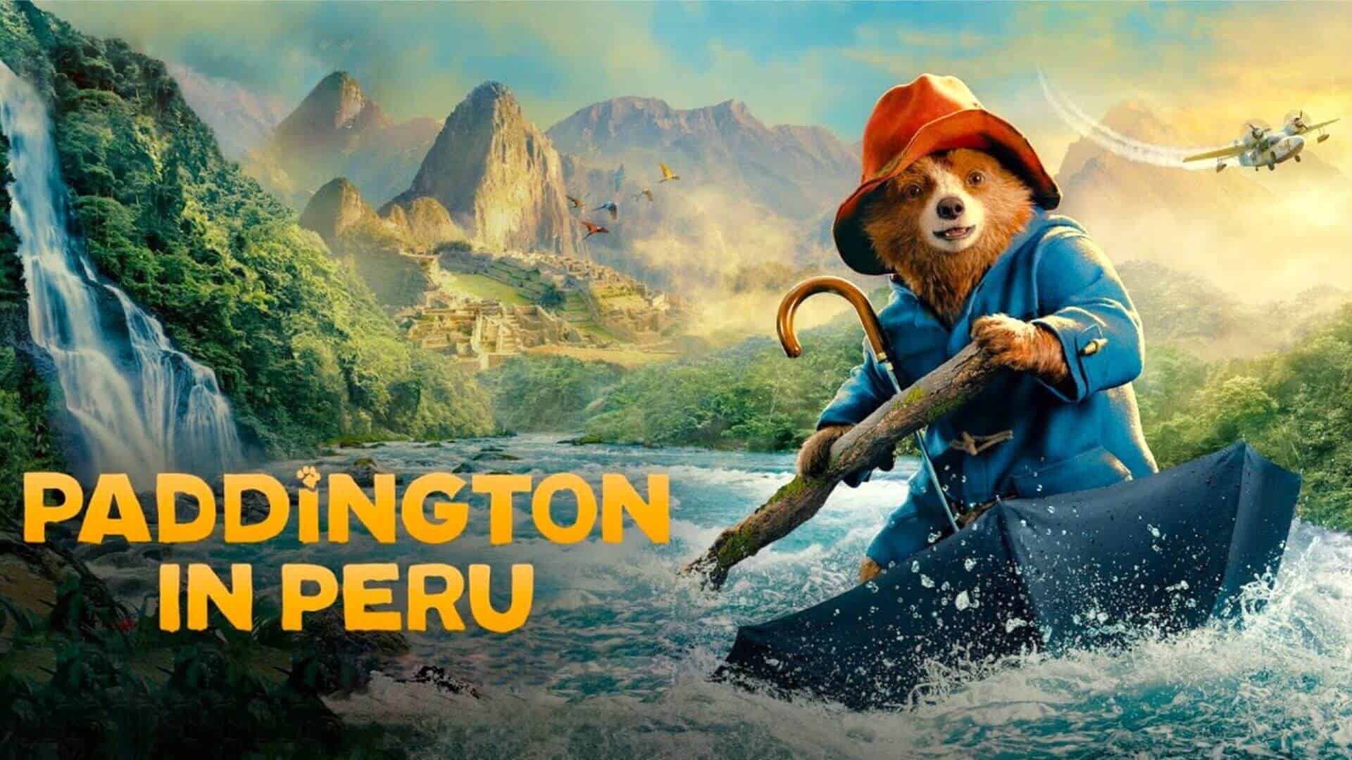 Adorable Paddington bear in a raincoat and hat paddling a canoe in a rushing river with lush green mountains and waterfalls in Peru.