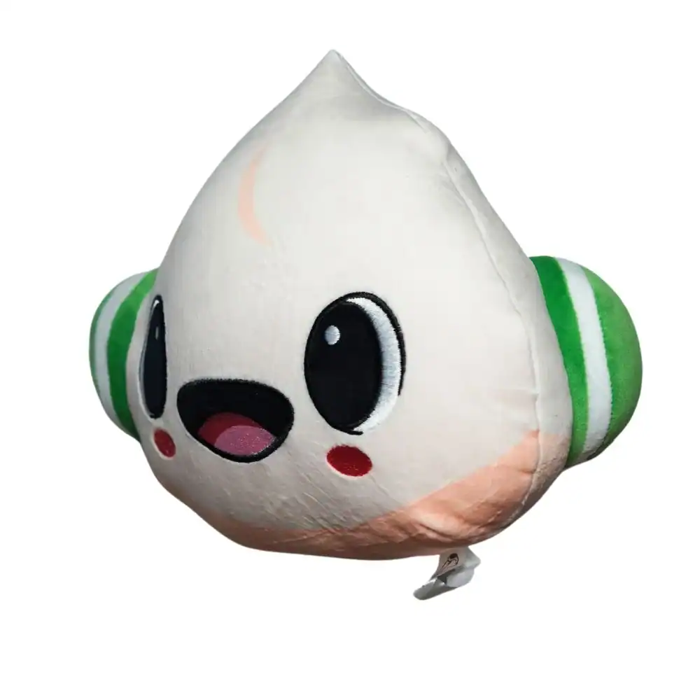 Cute dumpling character plush toy with big eyes and green-striped ears, perfect for fans of DJ Dumplings.