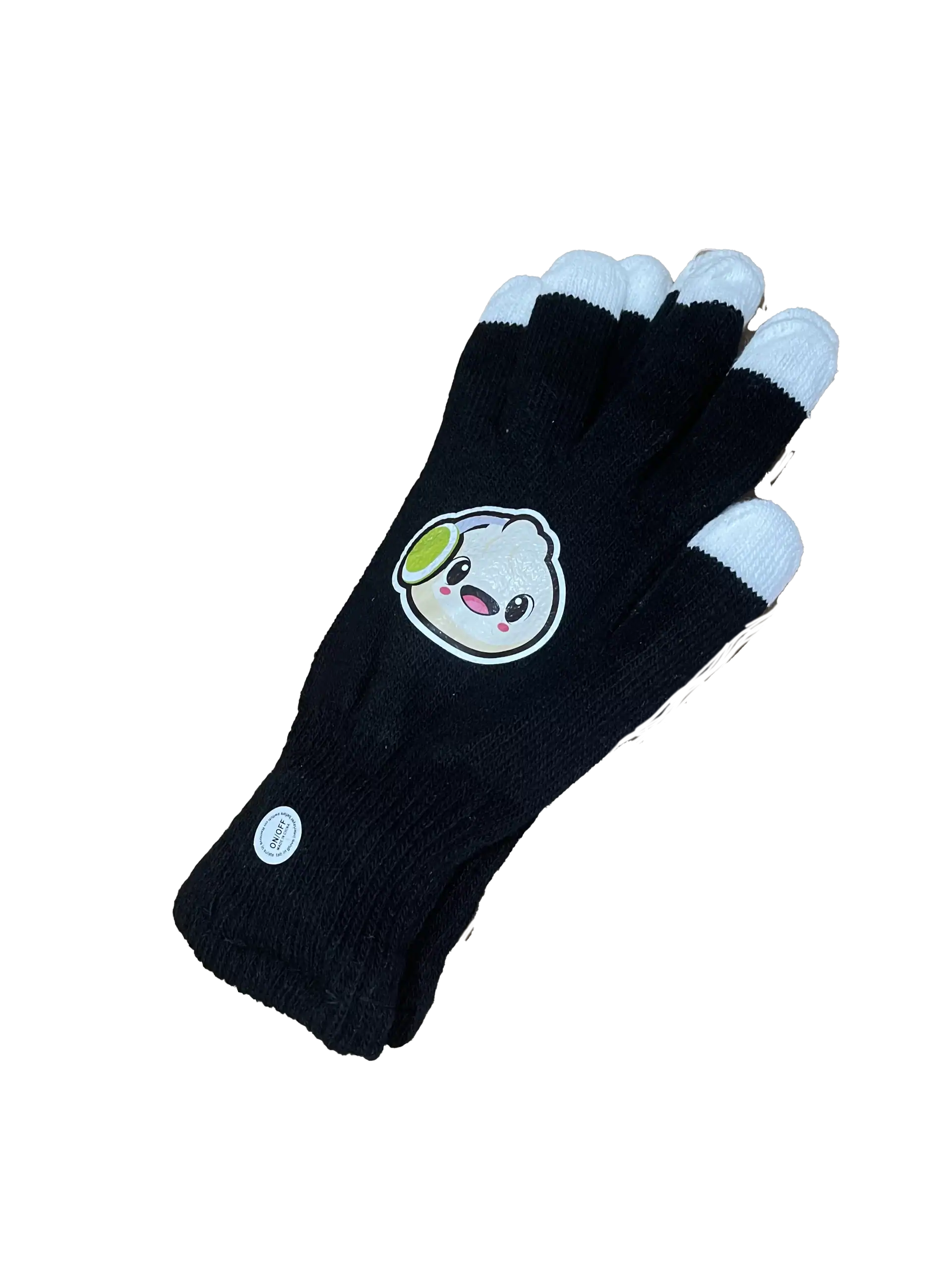 Cute bear sticker on black and white keyboard gloves for DJ Dumplings merchandise.