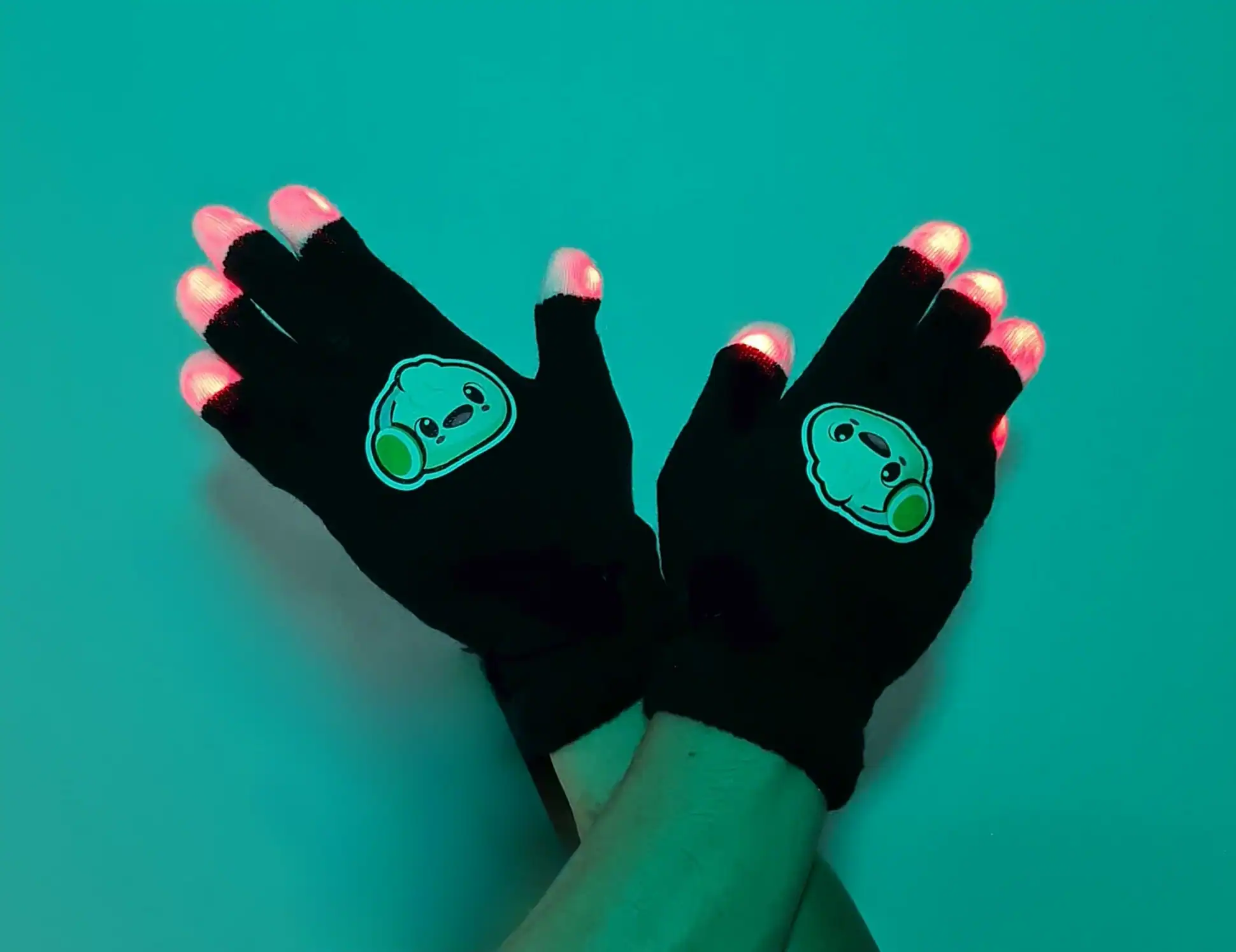 Colourful LED gloves with adorable cartoon character designs, perfect for DJ Dumplings themed parties.
