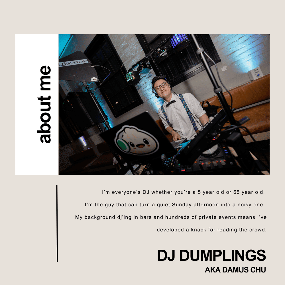 DJ Dumplings performing at an event, wearing his uniform of bow tie and suspenders, with his dumpling logo sticker on his laptop, spinning music with DJ equipment and his uplights featured in the background. Photo by Chloe Vonne