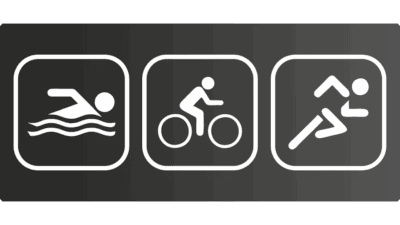 Sidetag Triatlon - Sortér: Ikoner, der viser svømning, cykling og løb, og som repræsenterer de tre discipliner i en triatlon.