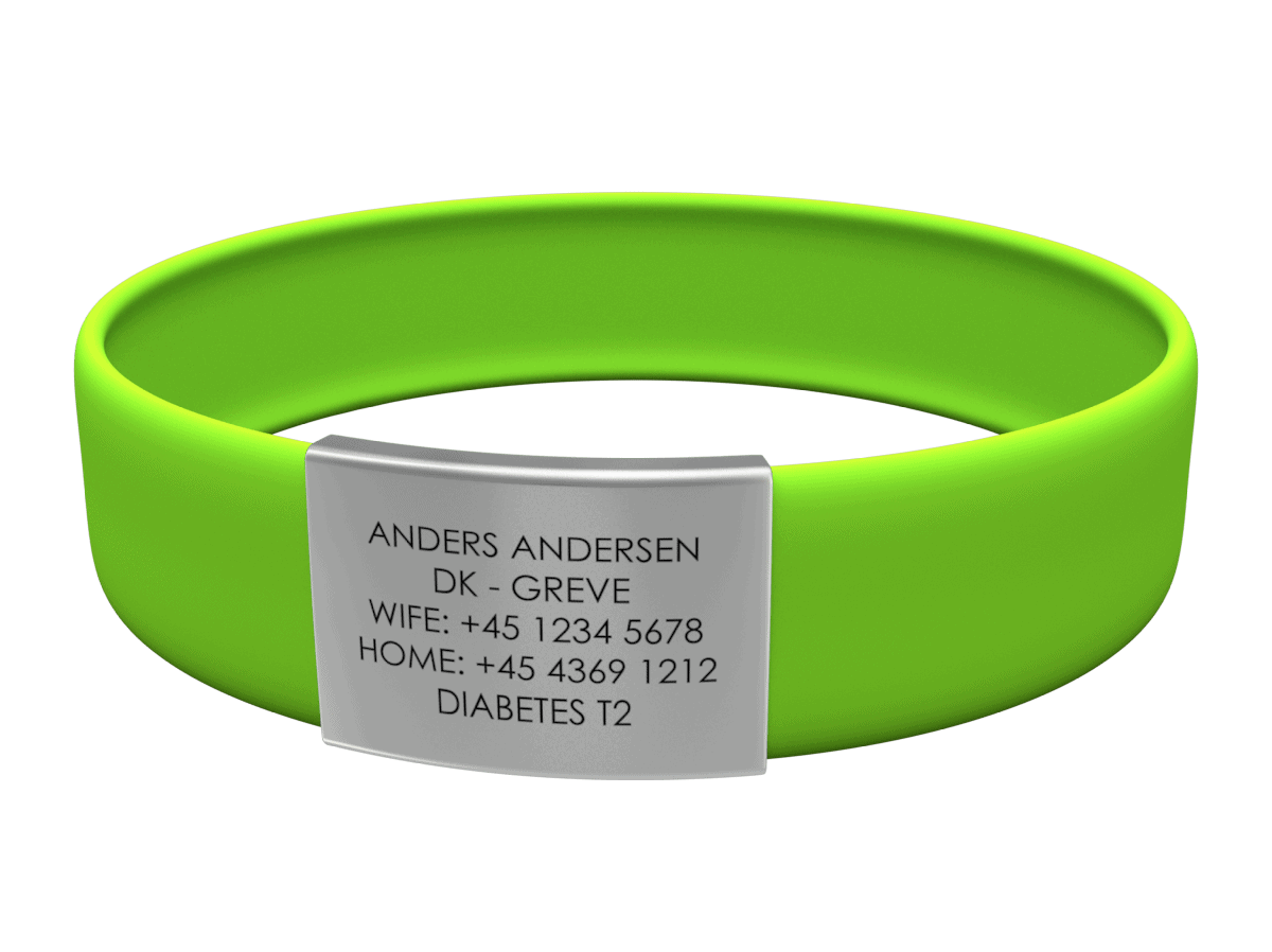 Limegrønt medicinsk ID-armbånd med sølvmærke; Anders Andersen, DK-Greve, kones og hjemmetelefonnumre, Diabetes T2.