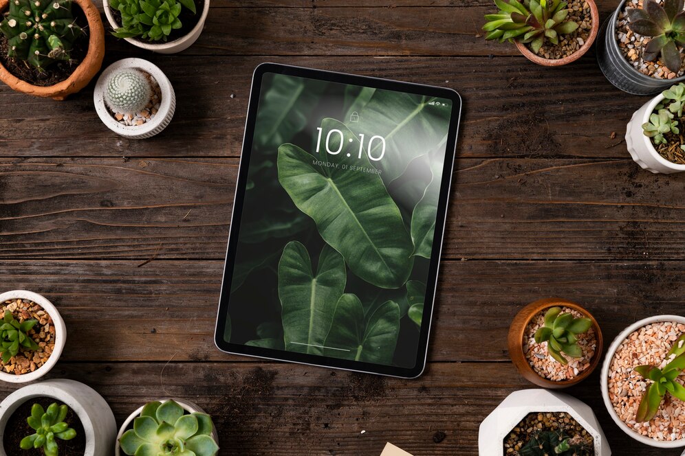 Zestaw roślin doniczkowych na drewnianym stoliku z tabletem z ekranem z zielonymi liśćmi, dekoracje do domu i ogrodu, nowoczesny design, ekologia i relaks.