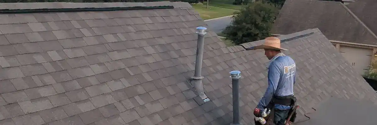 A roofer, wearing a straw hat, works on a residential roof in San Antonio, a key step for ensuring proper roofing permits are obtained.